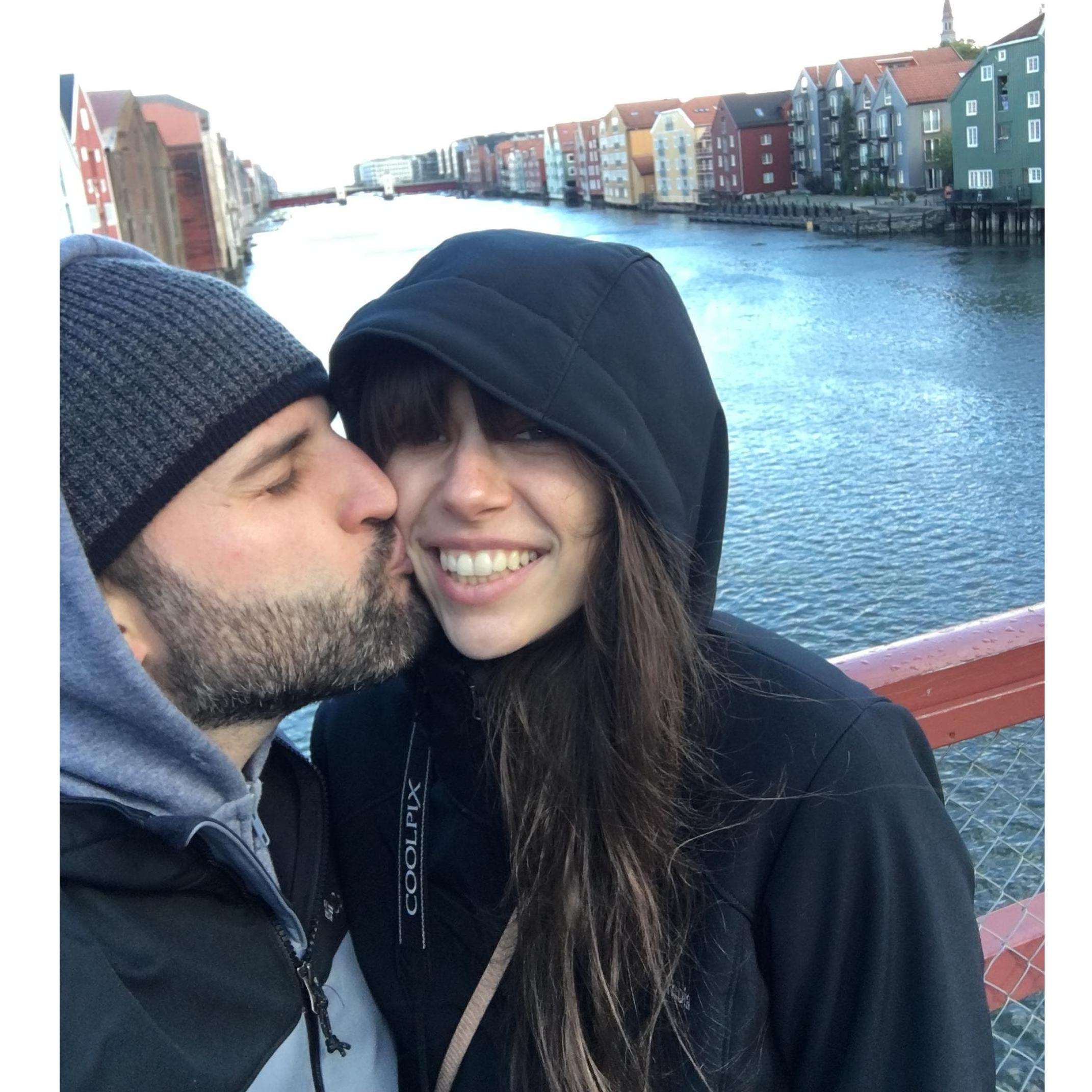 Jeriann took Griffin overseas on a Nordic adventure to visit her friends Lacie and Thord. Here they're on the historic Old Town Bridge in Trondheim, Norway.
