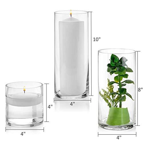 Set of 3 Glass Cylinder Vases 4, 8, 10 Inch Tall – Multi-use: Pillar Candle, Floating Candles Holders or Flower Vase – Perfect as a Wedding Centerpieces.