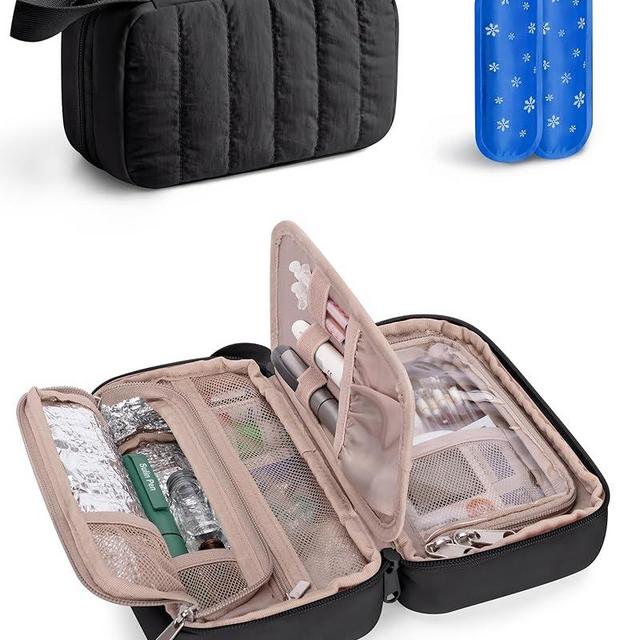 Marscamd Puffy Diabetes Travel Case with 2 Ice Packs, Insulin Cooler Travel Case with Multiple Pockets, Black