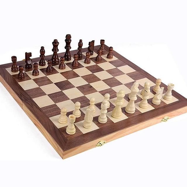 Giant Wooden Chess Set,15" x 15" Foldable Portable Wood Chess Set W Crafted Chess Pieces, Chess Game Board Set W/ Storage Slots