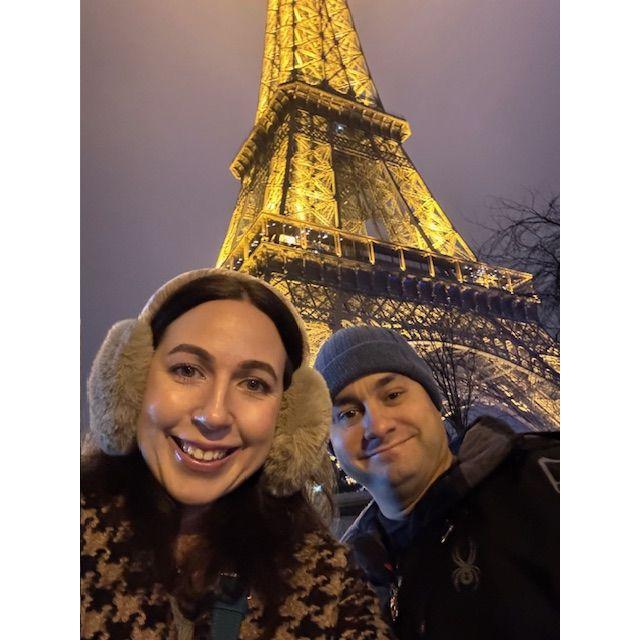 Danny and Hillary photoshopped with the Eiffel Tower.