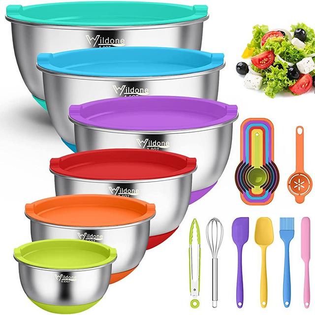 Mixing Bowls with Airtight Lids, 19 PCS Stainless Steel Metal Bowls by Wildone, with Non-Slip Silicone Bottoms & Measurement Marks, Size 5, 4, 3, 2,1.5, 0.63QT, Great for Mixing & Serving (Colorful)