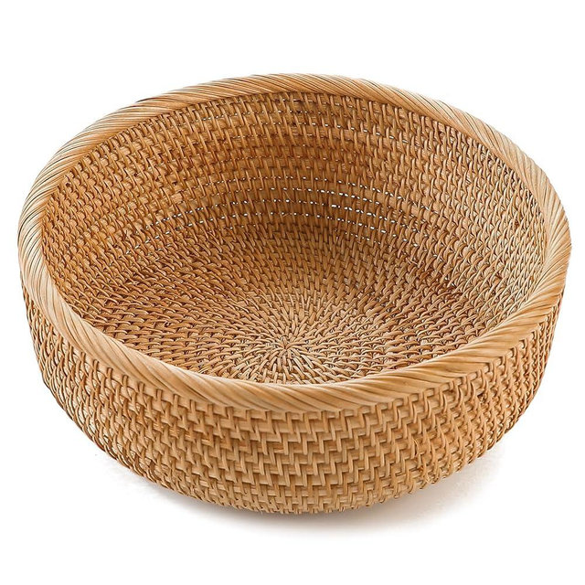 HITOMEN Handmade Rattan Bread Baskets Round Wicker Fruit Serving Storage Bowls, Natural Woven Decorative Kitchen Counter Organizing (Honey Brown) L-10.3"