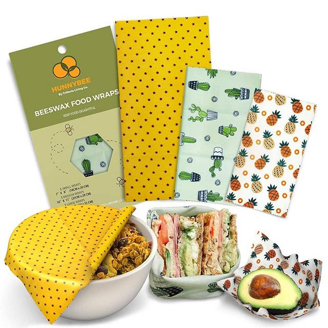 HUNNYBEE Reusable Beeswax Food Wrap (3 Packs), Zero Waste, Beeswax Wrap, Eco Friendly, Organic, Bees Wax Food Storage Wrappers Cling Sandwich, Alternative To Plastic Bags, Sustainable Products