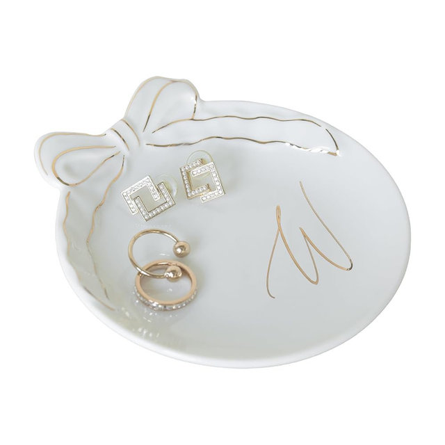 COLLECTIVE HOME - Personalized Initial Ceramic Jewelry Tray with Bow, Christmas Gift Ideas for Women, Small Gift for Girlfriend Wife, Ring Holder, Earrings Dish, Birthday Gift for Her (W)
