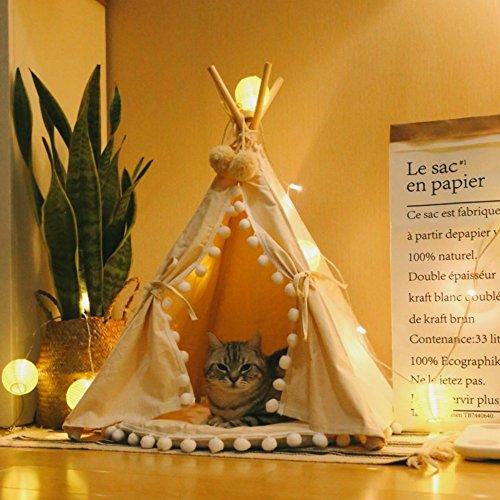 little dove Pet Teepee House Fold Away Pet Tent Furniture Cat Bed with Cushion 28 Inch Beige Pompom(with/Without Pad as You Choose)
