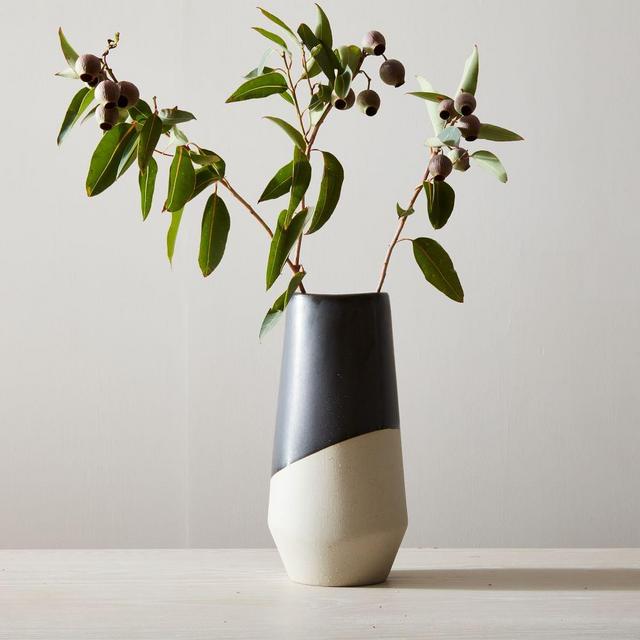 Half Dipped Stoneware Vase, Slate, Tall Tapered, 13.5"