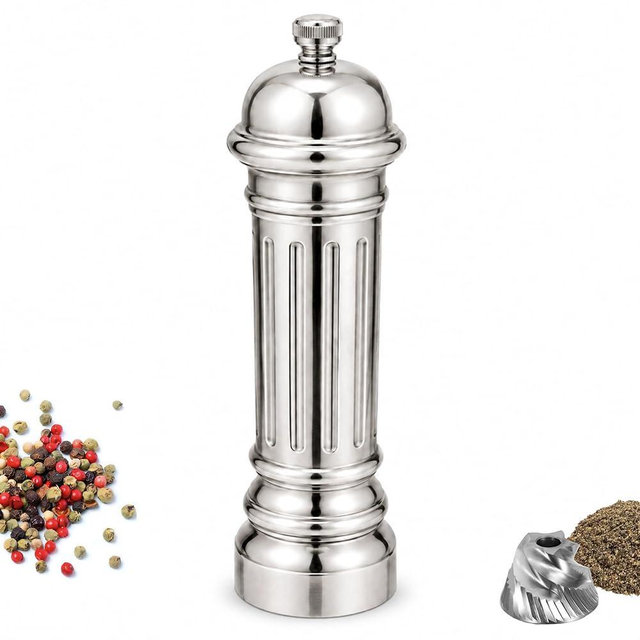 Aurevit Metal Pepper Grinder with Stainless Steel Core, Heavy Duty High Output Pepper Mill with Adjustable Coarseness, All-Metal Construction, Refillable (Silver)