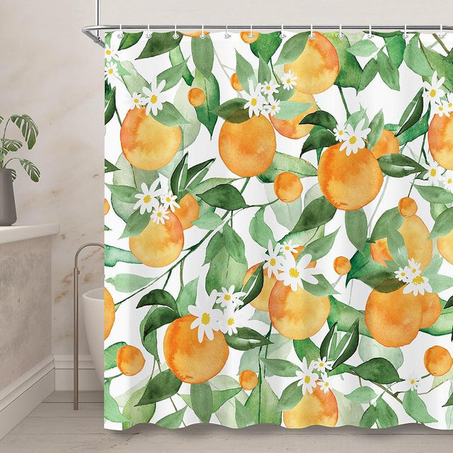 oolygoo Orange Shower Curtain 72"X72" Cut Citrus Fruit Summer Shower Curtain Set for Bathroom Green Leaves Flower Floral Waterproof Bathtub Curtain Decor Plant Floral Bathroom Curtain with 12 Hooks