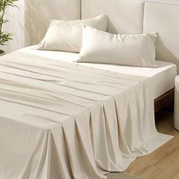 Bedsure King Size Sheets Set, Cooling Sheets for Hot Sleepers, Rayon Derived from Bamboo, PureWoven, Breathable & Soft, Deep Pocket Up to 16 Inches, Hotel Luxury Silky Bedding, Light Beige