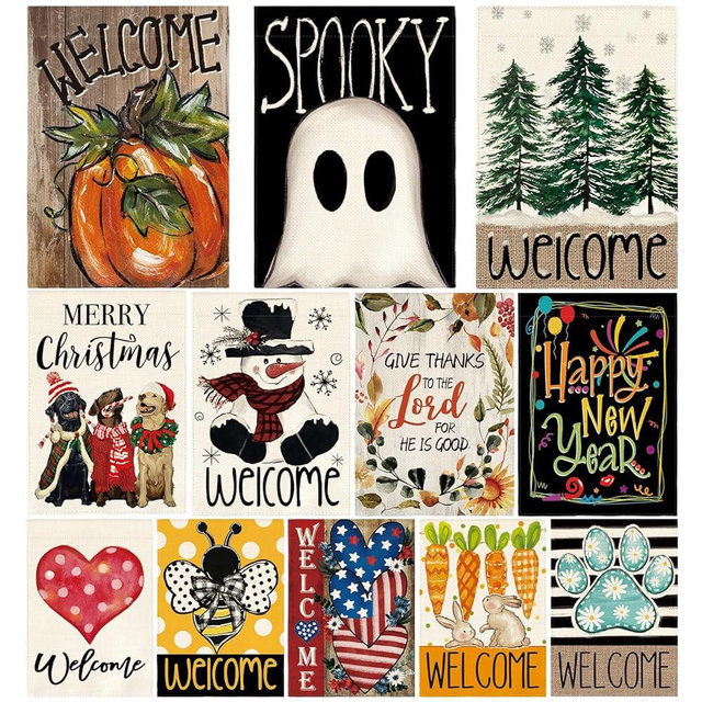 AVOIN colorlife Set of 12 Pack Garden Flags 12x18 Inch Double Sided Outside, Welcome Seasonal and Holiday Yard Outdoor Flags