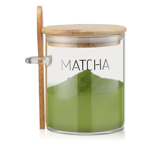 Suclain 15 oz Matcha Glass Container with Airtight Lid Matcha Powder Storage Canister with Wooden Spoon Clear Food Jar for Sugar Coffee Beans Bath Salt Storage Overnight Oats