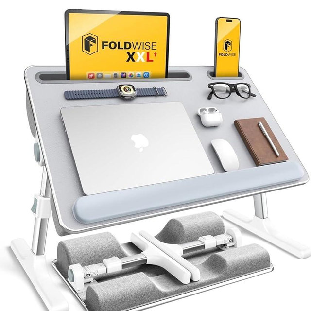 FoldWise 2-in-1 Lap & Bed Desk with Soft Cushions - Adjustable Height & Angle, Foldable Laptop Stand for Bed & Couch - Wrist Rest, iPad Holder, Stopper & Non-Slip Leather - Bed Table for Adults & Kids