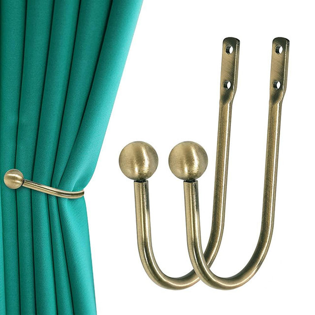 HEMOUR Curtain Holdbacks, 2pcs Wall Mounted Drapery Tiebacks with Screws, Heavy Duty Metal Decorative Window Drapery Holder Curtain Hook, Brass