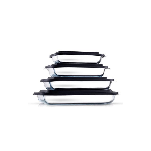 JoyFul by JoyJolt 8pc Glass Bakeware Set. 4x Baking Pan Dishes Containers and 4x Lids - Black