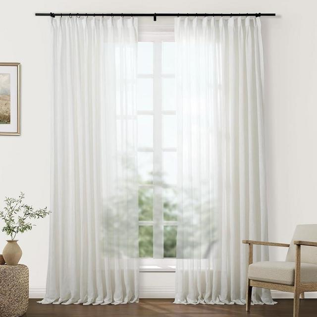 TWOPAGES Natural Pinch Pleat Sheer Curtains 84 Inches Long Linen Textured Drapes for Living Room Bedroom Faux Linen Curtains with Hooks, Set of 2, 26" W x 84" L