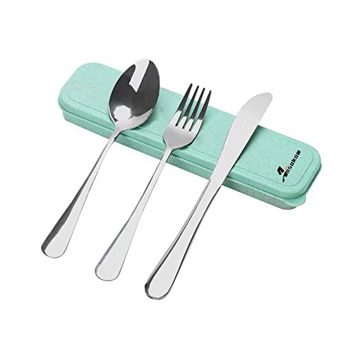 Ansukow Portable Utensils Set with Case, 18/8 Stainless Steel Reusable Silverware for Lunch Including Spoon Fork Knife Case,Easy to Clean, Dishwasher Safe,for Lunch Box Workplace Camping School Picnic