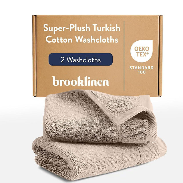 Brooklinen Super-Plush Turkish Cotton Washcloths - Set of 2 - Cotton, 820 GSM, Highly Absorbent, Machine Washable, Perfect for Home & Bathroom (13" x 13", Driftwood)