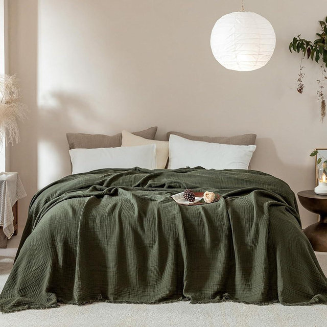 XINJU Muslin Fringe Blanket for Adults 100% Cotton 4-Layer Gauze Cloud Soft Breathable Lightweight All Season Throw Blanket for Bed Couch Sofa Office (Olive Green, Queen 90" × 90")