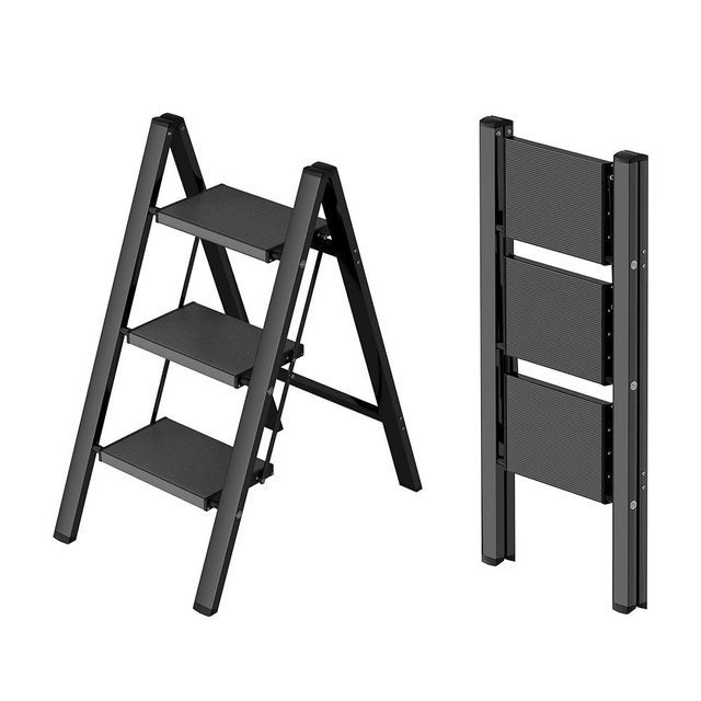 Taranta 3 Step Ladder,Aluminum Lightweight Folding 3 Step Stool with Anti-Slip Wide Pedal,330lbs Capacity Step Ladder for Household,Kitchen,Office - Black