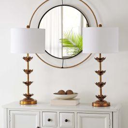 Safavieh Lani Leaf Table Lamp - Antiqued Gold /White Linen Shade (Set of 2)