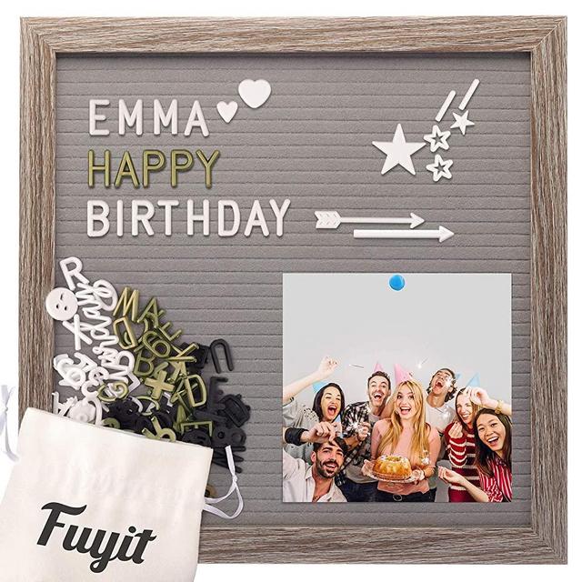 Felt Letter Board Message Sign 12" x 12", Grey EVA Changeable Announcement Board, 600 White & Gold & Black Characters, Symbols & Emojis & Cursive Words, Rustic Wood Frame Board for Photo Display