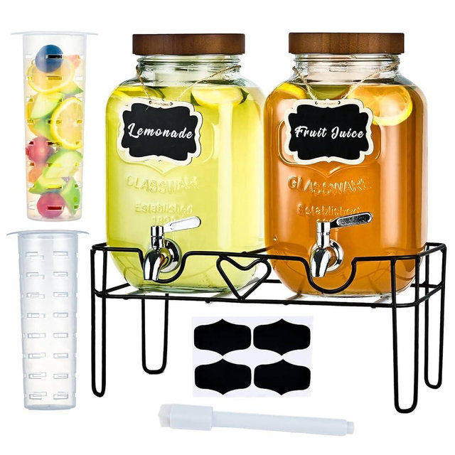 ShoreHao 2 Pack1Gallon Glass Drink Dispensers with Stand&Bamboo Lids&Fruit Infuser,304 Stainless Steel Leak-Proof Spigot,Beverage Dispenser for Parties,Water Sangria Juice Sun Tea Lemonade(Brown)