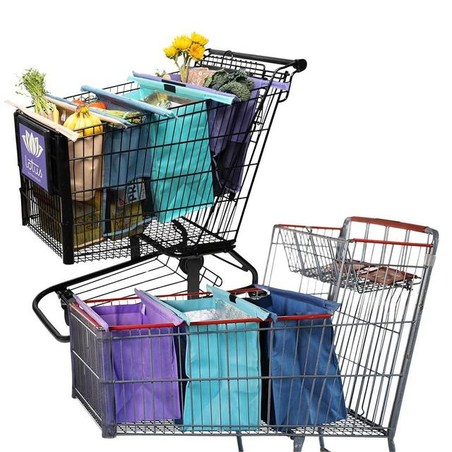 Lotus Trolley Bag Bundle Reusable Shopping Bags (Set of 4 Standard Size) PLUS (Set of 3 LARGE Size) Grocery Bags with Insulated Cooler & Egg/Wine Holder, Foldable, Washable Grocery Cart Bags, Multi-u
