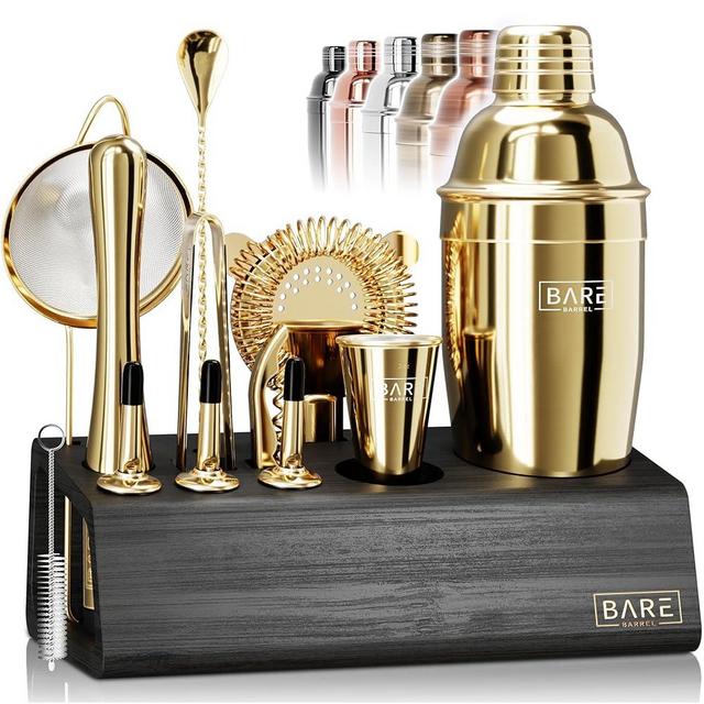 BARE BARREL® Mixology Bartender Kit Bar Set | 14-Piece Cocktail Shaker Set | Martini Barware Mixing Tools for Home Bartending | Incl. 35 Recipe Cards | Gift Set (24oz Cobbler Shaker, Gold/Black)