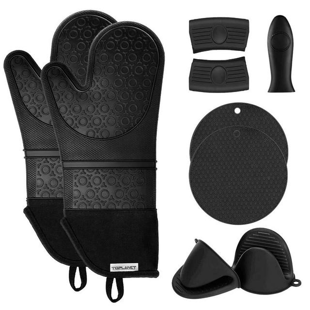 Extra Long Oven Mitts and Pot Holders Sets, RORECAY Heat Resistant Silicone  Oven Mittens with Mini Oven Gloves and Hot Pads Potholders for Kitchen  Baking Cooking, Quilted Liner, Black, Pack of 6 