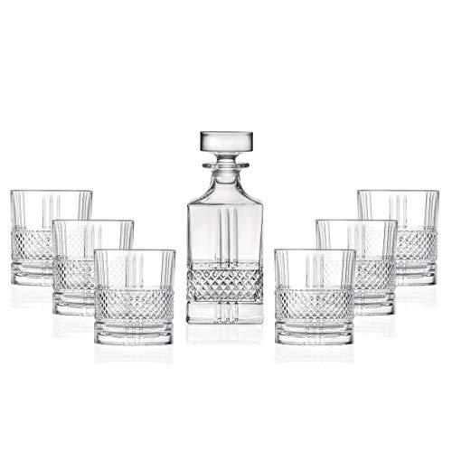 Whiskey Decanter and Glass 7 pc Set - For Whiskey, Liquor, Scotch, Bourbon - Lead Free Crystal - 29 oz. Square Decanter with 6-12 oz. Double Old Fashioned Tumblers- By Barski - Made in Europe