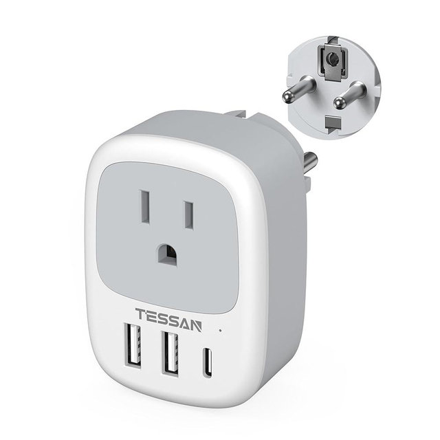 Type E F Plug Adapter USB C, TESSAN Germany France Power Adaptor, Schuko Outlet with 3 USB Ports, Travel Plug for US to Europe EU Spain Iceland Korea Greece Russia German French