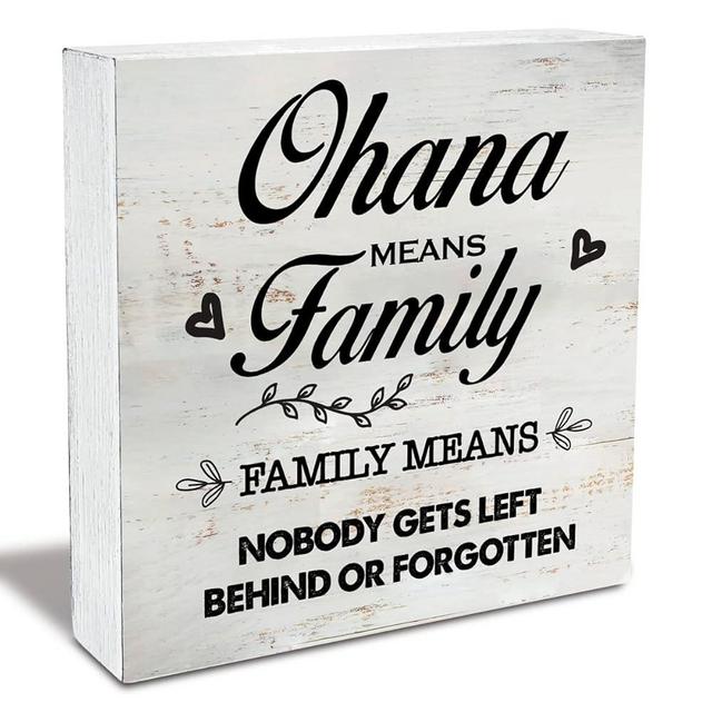 Family Quote Ohana Means Family Wood Box Sign Rustic Wooden Box Sign Farmhouse Home Living Room Desk Shelf Decor (5 X 5 Inch)