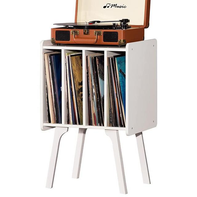 LELELINKY Record Player Stand,Vinyl Record Storage Table with 4 Cabinet Up to 100 Albums,Mid-Century Modern Turntable Stand with Wood Legs,White Vinyl Holder Display Shelf for Bedroom Living Room