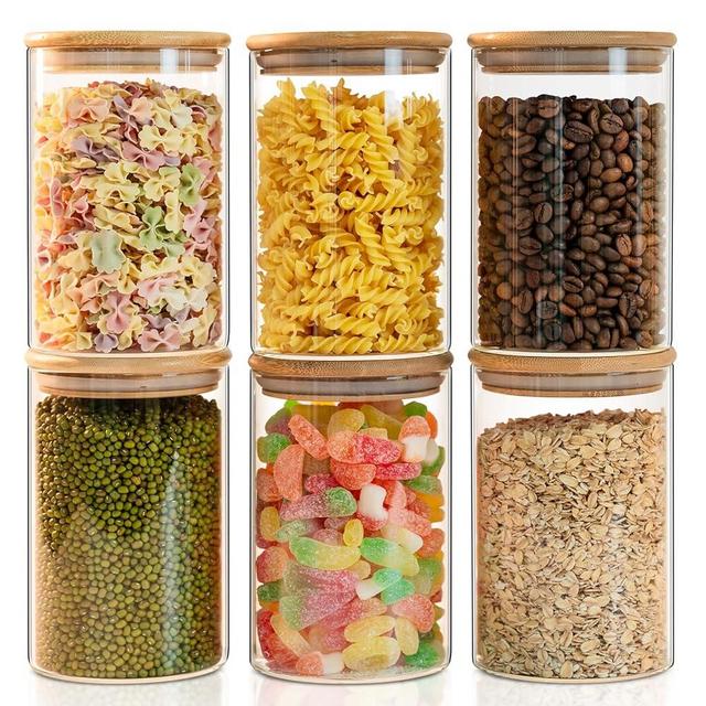 Glass Food Storage Jars 6-Pack - 4x6 in-Clear Glass Food Canisters with Bamboo Lid Airtight For Serving Tea, Coffee, Flour, Sugar, Candy, Cookie, Spice and More (Circular)