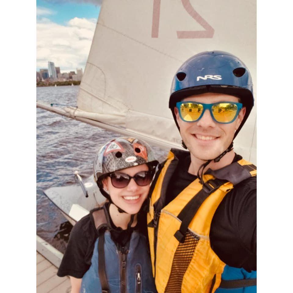 Jon picked out Haley's helmet for sailing on the Charles River...