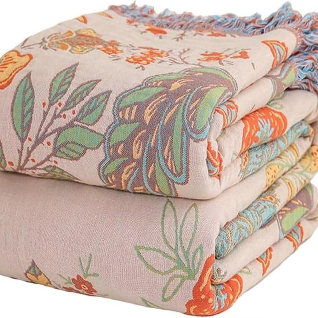 Boho Throw Blanket for Bed 100% Cotton Bohemian Blankets Ultra Soft Woven Muslin Decorative Blankets All Seasons Vintage Quilt Knitted Blanket for Sofa Chair(Orange, 50"x60")