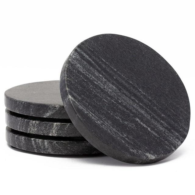 Thirstystone 4 Pack Natural Black Marble Round Coasters 4.5" Diameter Elegant Heat Tolerant Easily Wipes Clean