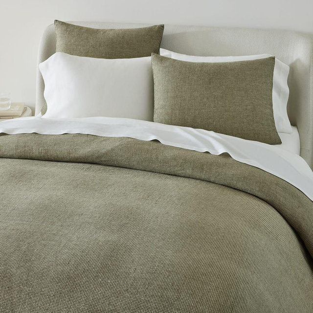 European Linen Mini Waffle Duvet, F/Q, Dark Olive