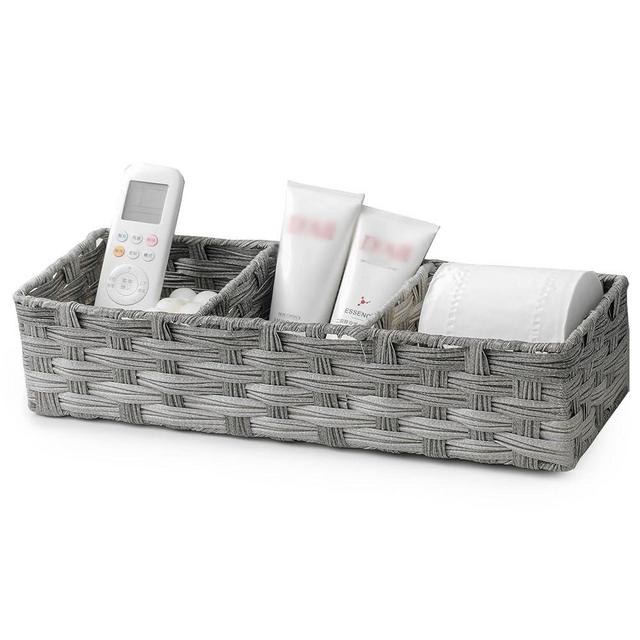 Toilet Tank Topper Paper Basket Multiuse Hand Woven Plastic Wicker Basket Bins with Divider for Shelves Rustic Farmhouse Bathroom Decor Countertop Organizer Storage