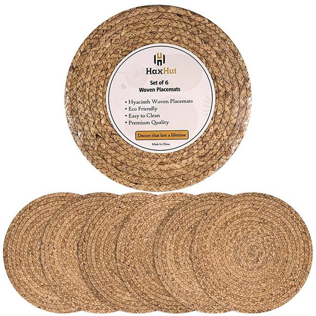Haxhut Round Woven Placemats - Natural Placemats Set of 6, Straw Braided Rattan Placemats, 13.5 Inches, Non-Slip, Heat Resistant, Hand Woven Chargers for Dining Table