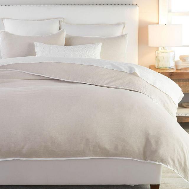 Belgian Flax Linen Contrast Duvet Cover, Full/Queen, Natural/White