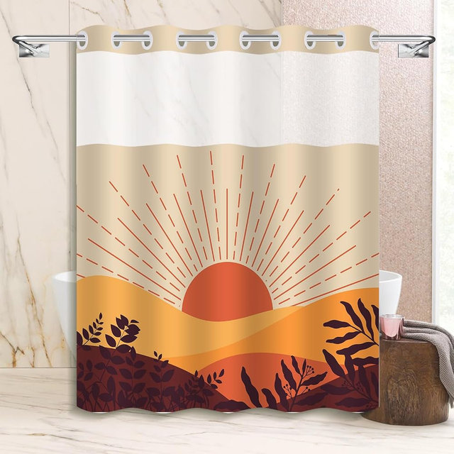 Mowxune Boho Abstract Sunrise No Hooks Shower Curtain, 71" x 74" Waterproof Washable Shower Curtain for Bathroom, Mid Century Modern Minimalist Art Decorative Bath Curtain