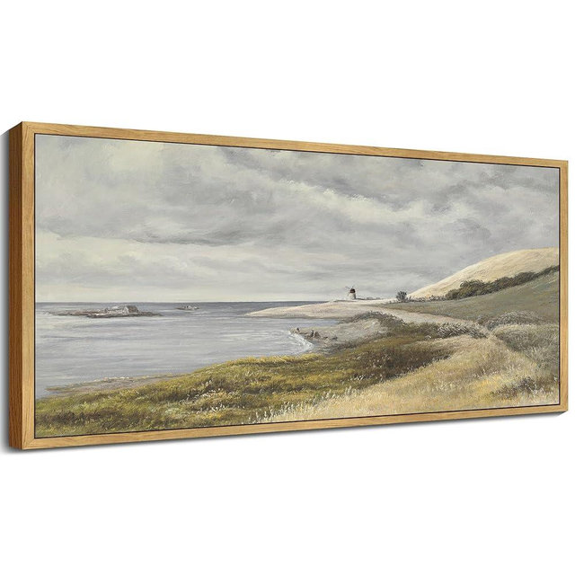 SHENIFY Vintage Framed Wall Art Coastal Seascape Landscape Painting Retro Meadow Scenery Farmhouse Kitchen Living Room Decor - 8x16in Natural Framed