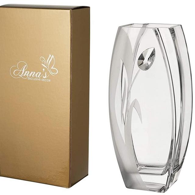 Luxury Large Handmade Glass Vase - Decorated with a Large Crystal from Swarovski and Sandblasted Tulip Flower – Golden Gift Box – Diamond Collection - 12.6 in (32 cm)