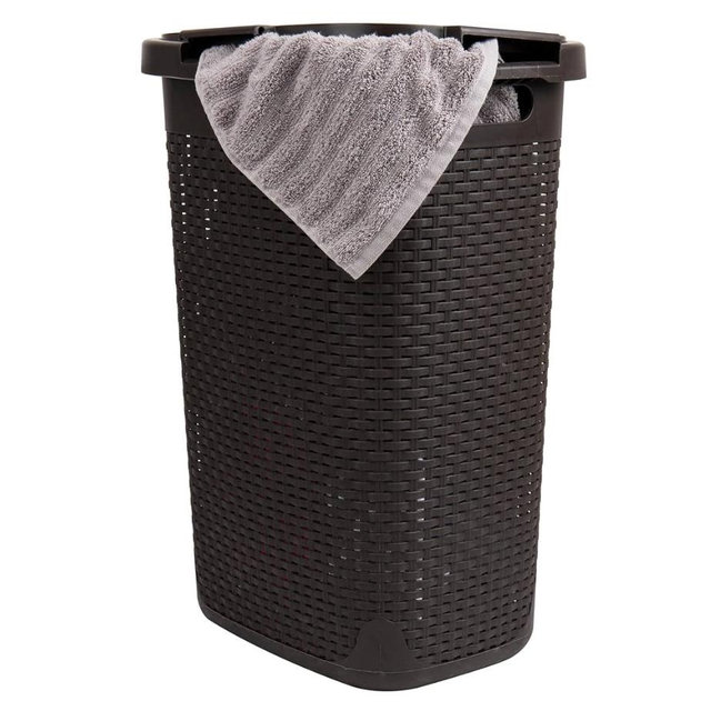 Mind Reader Slim Laundry Hamper with Lid, 60L Tall Clothes Basket, Narrow Tapered Design for Bathrooms, Closets and Laundry Rooms, Plastic, Brown