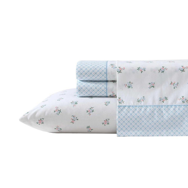 Laura Ashley - Sheet Set, Breathable Percale Cotton Bedding, 200 Thread Count, Deep Pocket, Chic Home Decor (Harperette Blue, King)
