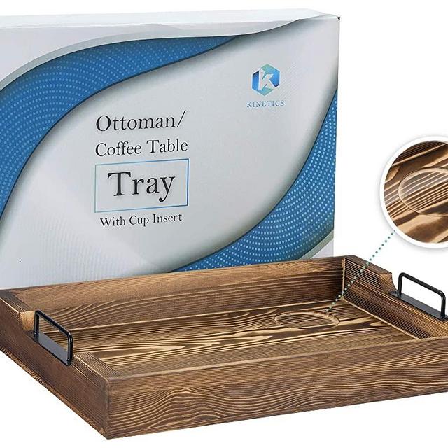 KINETICS Extra Large (20x14in) Rustic Wooden Ottoman Coffee Table Serving Tray with Cup Holder and Handles for Eating, Drinks, Breakfast, Lunch, Tea, Decorative