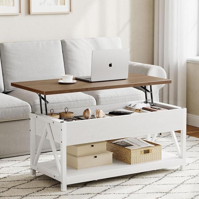 Memobarco Lift Top Coffee Table,Lift Coffee Table with Storage Shelf and Large Hidden Compartment for Living Room,Lifting top Coffee Table for Small Space,White + Walnut