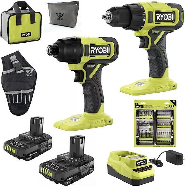 Ryobi 18V Cordless 2-Tool Combo Bundle with Drill/Driver, Impact Driver, 50-Piece Drill Bit Set, (2) 1.5 Ah Batteries, Charger, Tool Bag, Buho Drill Holster, and Buho Zipper Tool Pouch
